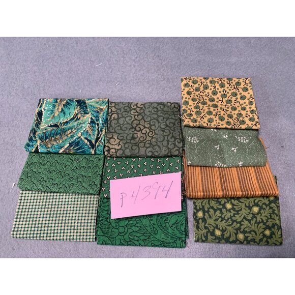 Set of 10 Green & Gold Quilting Fabric Squares With Patterns - Picture 7 of 7